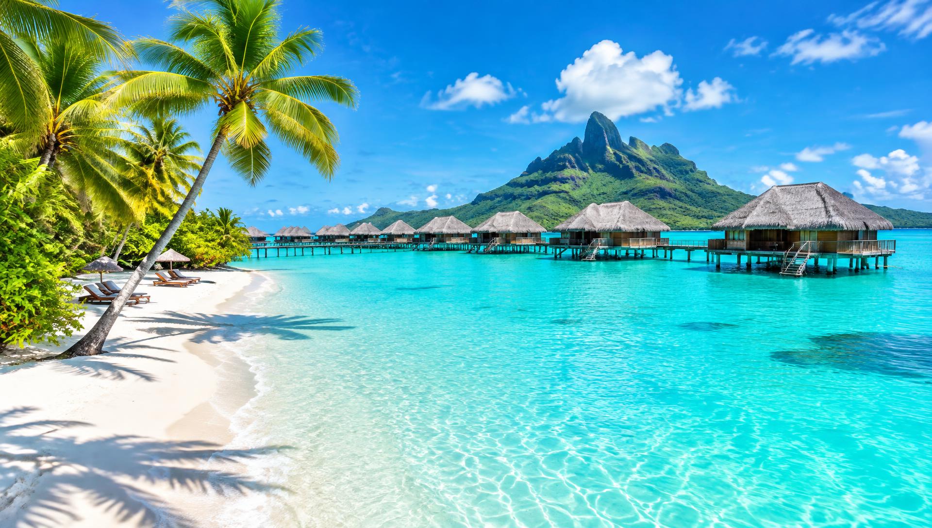 Tropical lagoon with overwater bungalows